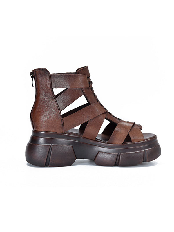 Urban Solid Color Hollow Out Leather Weave Fish Mouth Sandals Platform Shoes