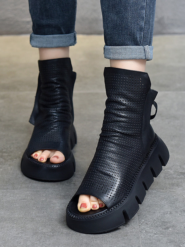 Urban Solid Color Zipper Hollow Out Fish Mouth Platform Shoes