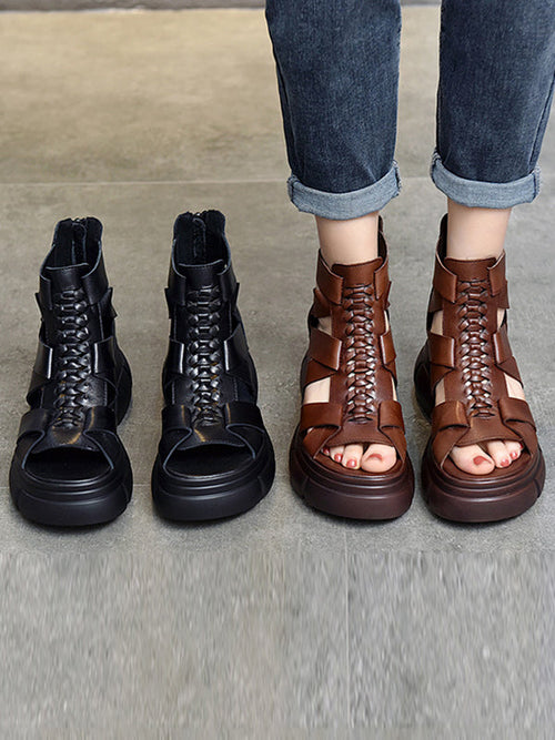 Urban Solid Color Hollow Out Leather Weave Fish Mouth Sandals Platform Shoes