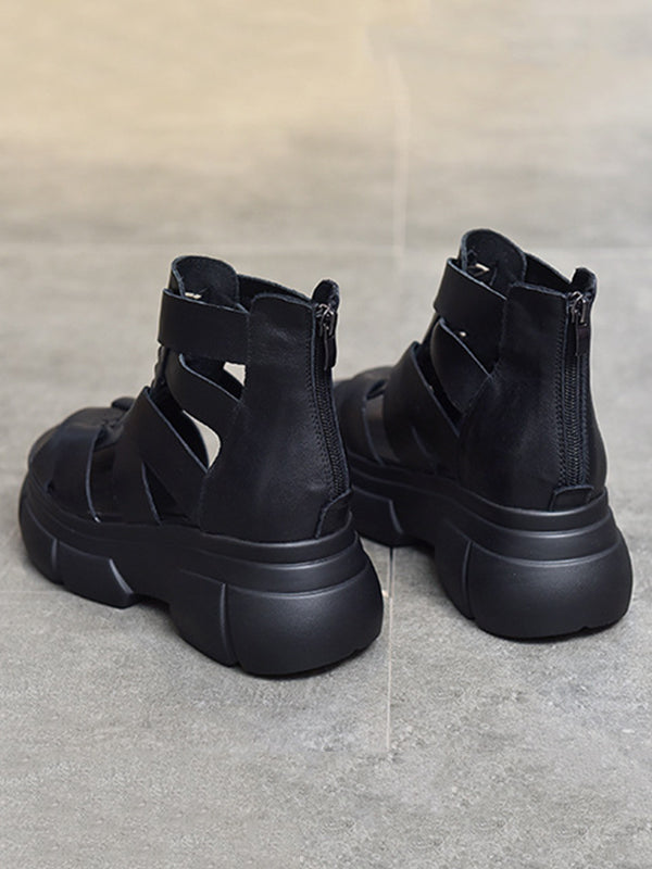 Urban Solid Color Hollow Out Leather Weave Fish Mouth Sandals Platform Shoes