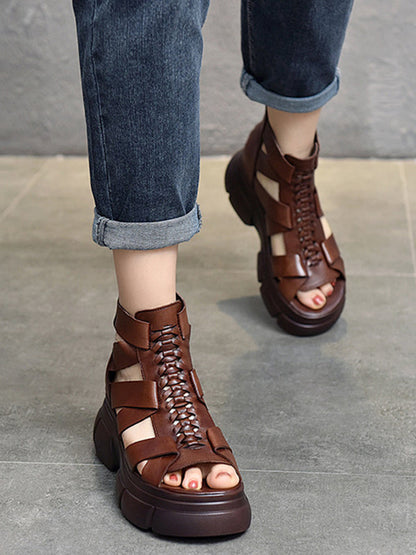 Urban Solid Color Hollow Out Leather Weave Fish Mouth Sandals Platform Shoes