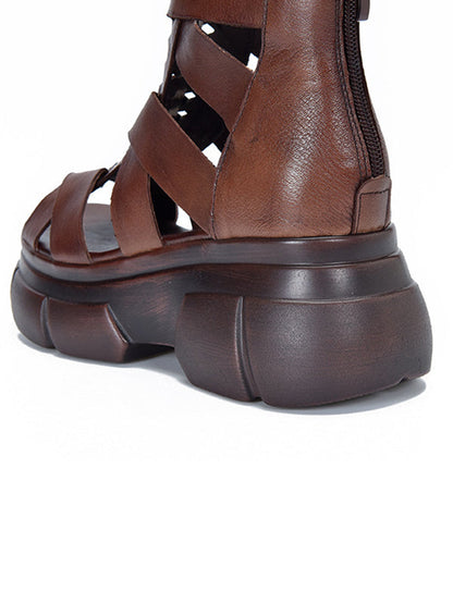 Urban Solid Color Hollow Out Leather Weave Fish Mouth Sandals Platform Shoes