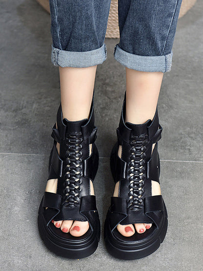 Urban Solid Color Hollow Out Leather Weave Fish Mouth Sandals Platform Shoes