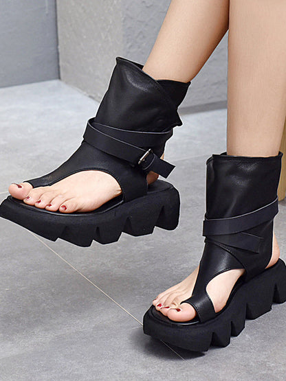Urban Solid Color Buckle Gladiator Sandals Platform Shoes