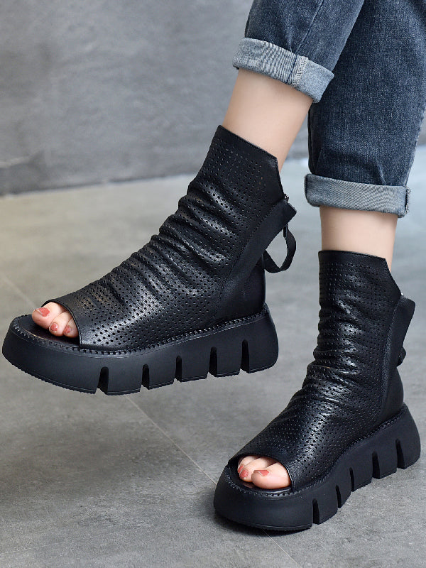 Urban Solid Color Zipper Hollow Out Fish Mouth Platform Shoes
