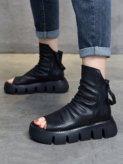 Urban Solid Color Zipper Hollow Out Fish Mouth Platform Shoes