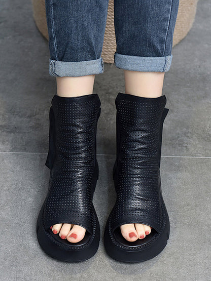 Urban Solid Color Zipper Hollow Out Fish Mouth Platform Shoes