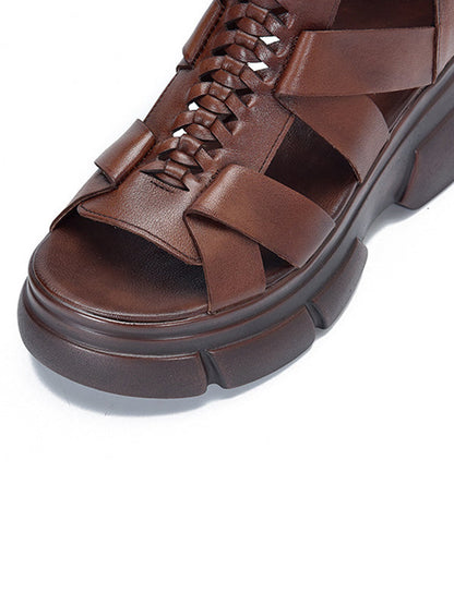 Urban Solid Color Hollow Out Leather Weave Fish Mouth Sandals Platform Shoes