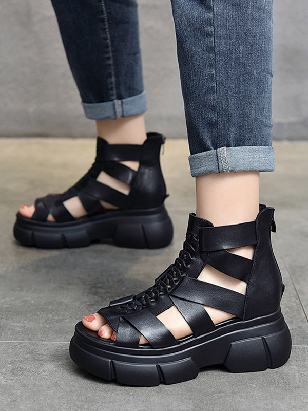 Urban Solid Color Hollow Out Leather Weave Fish Mouth Sandals Platform Shoes
