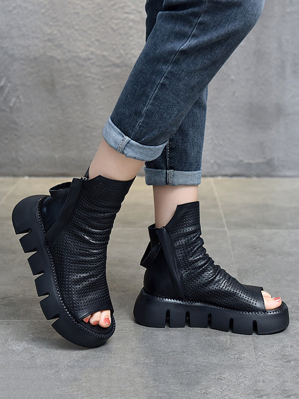 Urban Solid Color Zipper Hollow Out Fish Mouth Platform Shoes