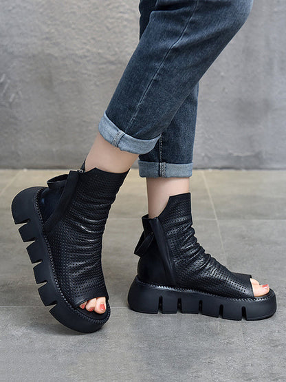 Urban Solid Color Zipper Hollow Out Fish Mouth Platform Shoes