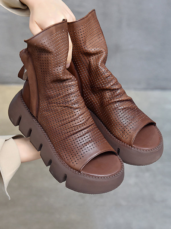 Urban Solid Color Zipper Hollow Out Fish Mouth Platform Shoes