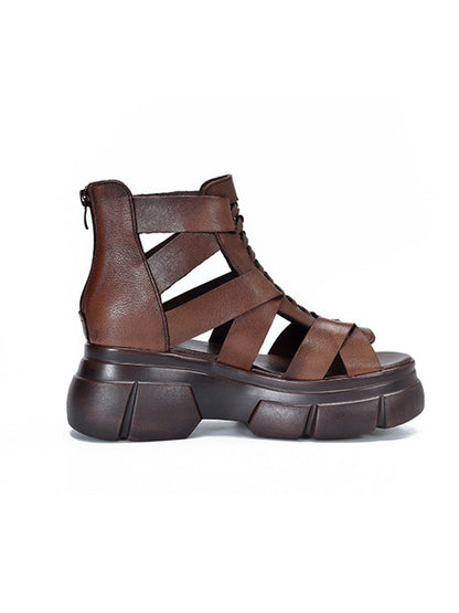 Urban Solid Color Hollow Out Leather Weave Fish Mouth Sandals Platform Shoes