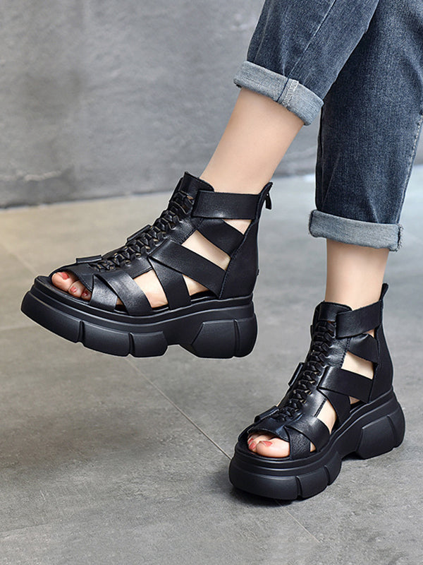 Urban Solid Color Hollow Out Leather Weave Fish Mouth Sandals Platform Shoes