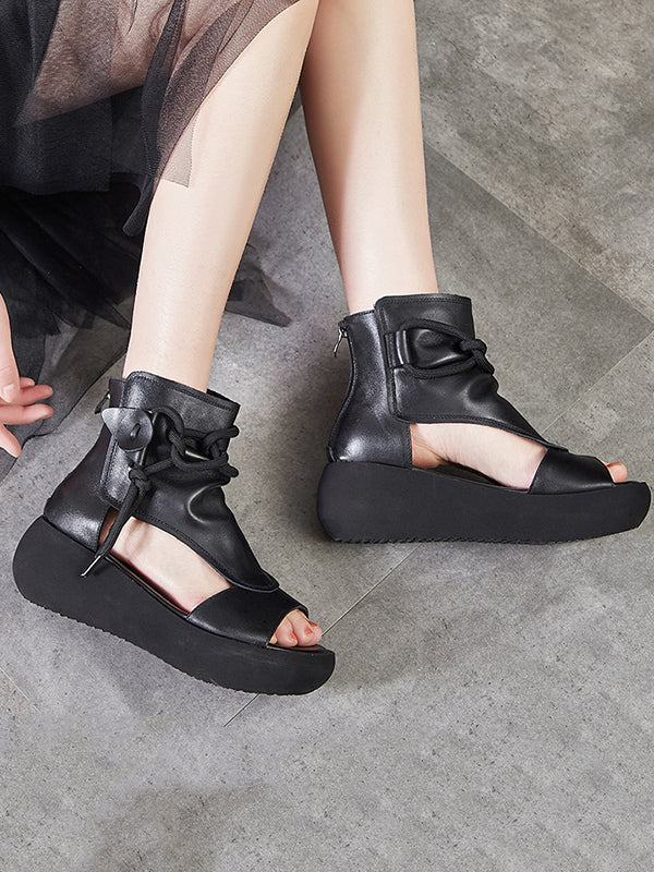 Casual Solid Color Hollow Out Fish Mouth Zip-up Platform Shoes