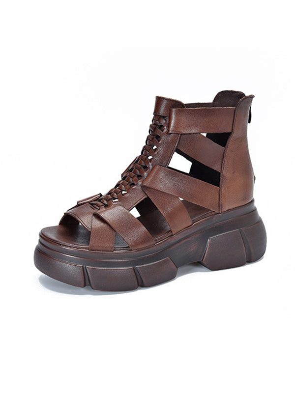 Urban Solid Color Hollow Out Leather Weave Fish Mouth Sandals Platform Shoes