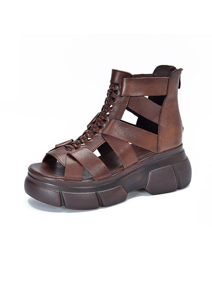 Urban Solid Color Hollow Out Leather Weave Fish Mouth Sandals Platform Shoes