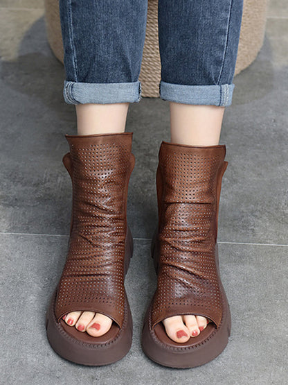 Urban Solid Color Zipper Hollow Out Fish Mouth Platform Shoes