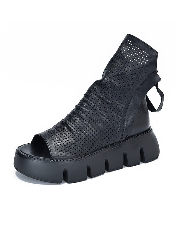 Urban Solid Color Zipper Hollow Out Fish Mouth Platform Shoes