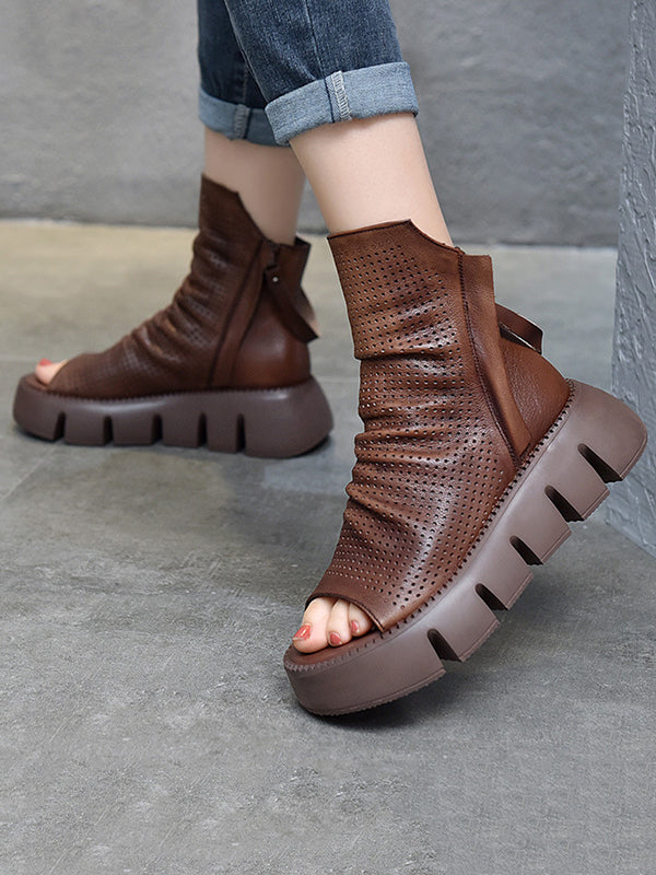 Urban Solid Color Zipper Hollow Out Fish Mouth Platform Shoes
