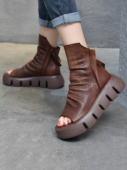 Urban Solid Color Zipper Hollow Out Fish Mouth Platform Shoes