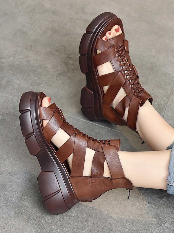 Urban Solid Color Hollow Out Leather Weave Fish Mouth Sandals Platform Shoes