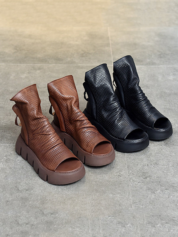 Urban Solid Color Zipper Hollow Out Fish Mouth Platform Shoes