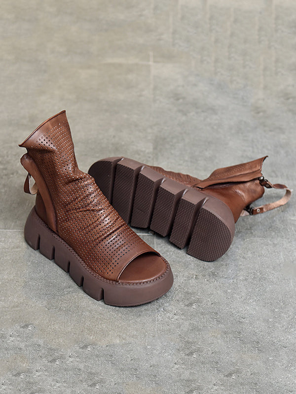 Urban Solid Color Zipper Hollow Out Fish Mouth Platform Shoes