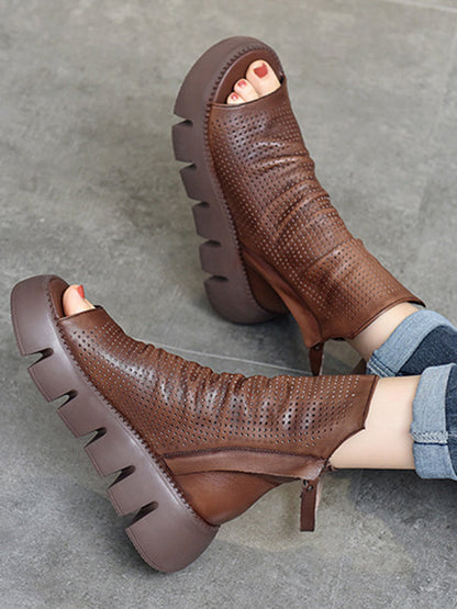 Urban Solid Color Zipper Hollow Out Fish Mouth Platform Shoes