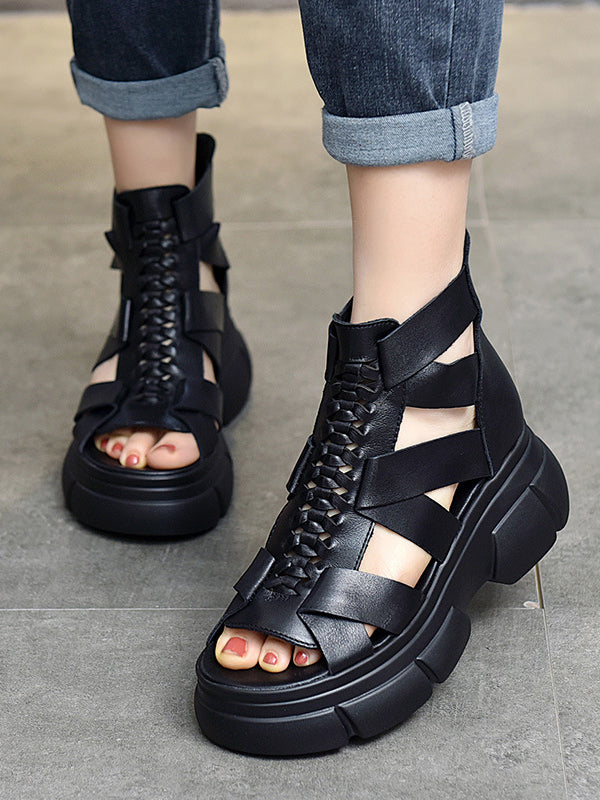 Urban Solid Color Hollow Out Leather Weave Fish Mouth Sandals Platform Shoes