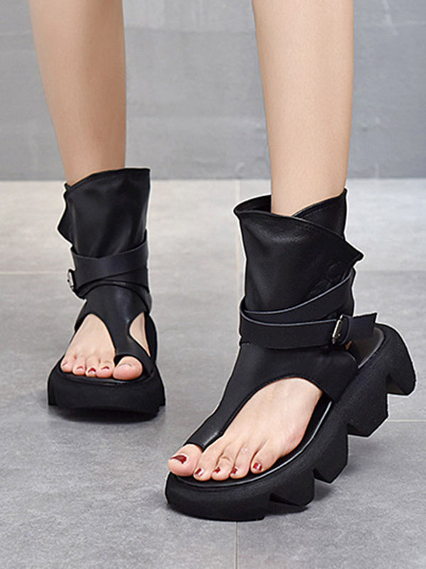 Urban Solid Color Buckle Gladiator Sandals Platform Shoes