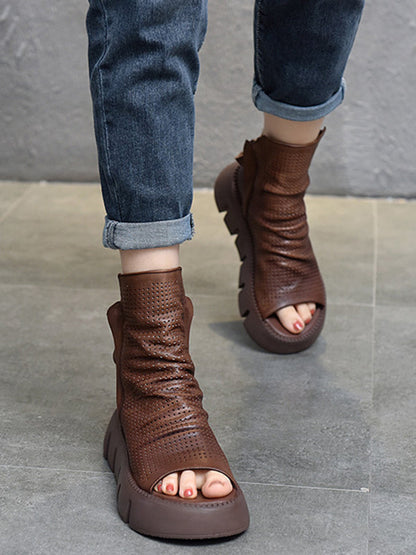 Urban Solid Color Zipper Hollow Out Fish Mouth Platform Shoes