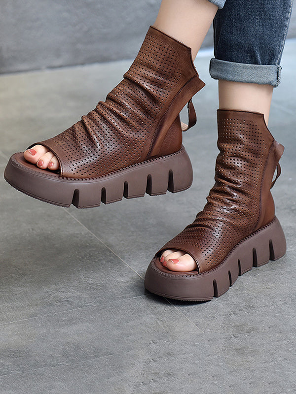 Urban Solid Color Zipper Hollow Out Fish Mouth Platform Shoes