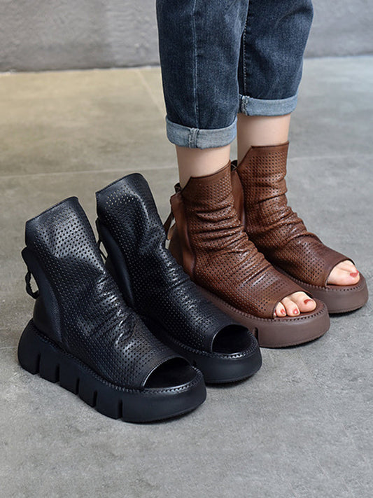 Urban Solid Color Zipper Hollow Out Fish Mouth Platform Shoes