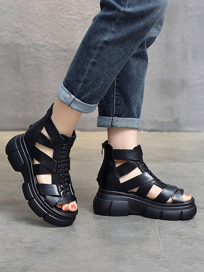 Urban Solid Color Hollow Out Leather Weave Fish Mouth Sandals Platform Shoes