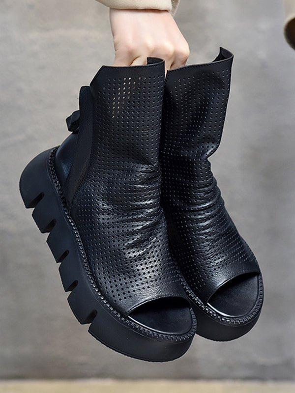 Urban Solid Color Zipper Hollow Out Fish Mouth Platform Shoes