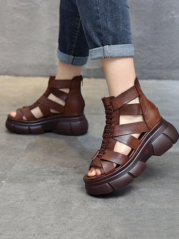 Urban Solid Color Hollow Out Leather Weave Fish Mouth Sandals Platform Shoes