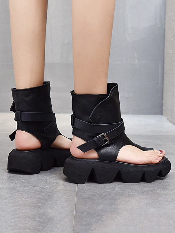 Urban Solid Color Buckle Gladiator Sandals Platform Shoes