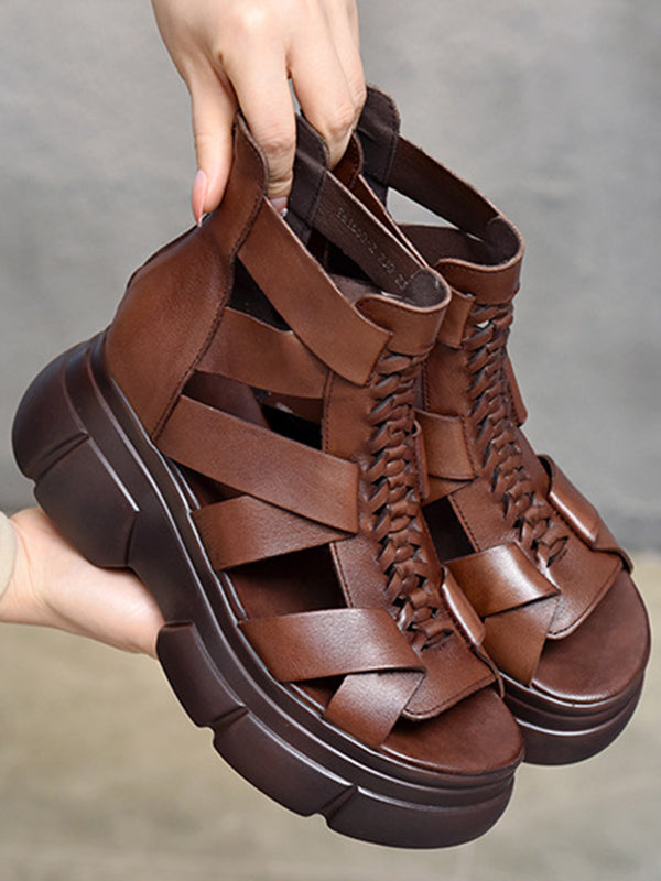 Urban Solid Color Hollow Out Leather Weave Fish Mouth Sandals Platform Shoes