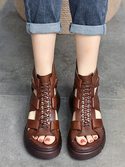 Urban Solid Color Hollow Out Leather Weave Fish Mouth Sandals Platform Shoes