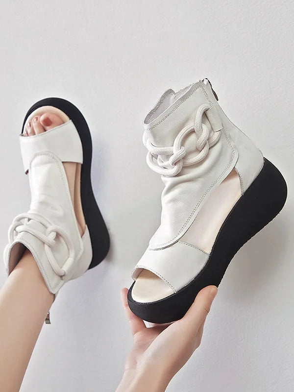 Casual Solid Color Hollow Out Fish Mouth Zip-up Platform Shoes