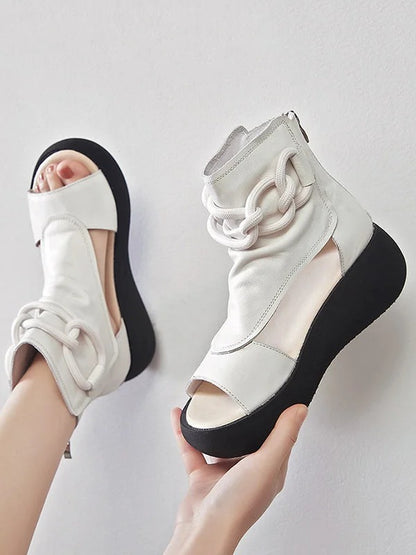 Casual Solid Color Hollow Out Fish Mouth Zip-up Platform Shoes